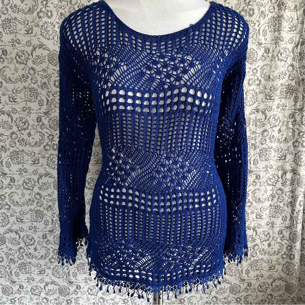 United States Sweaters Navy Crochet Crew Neck Sweater